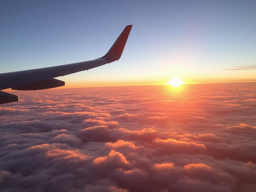View of an aeroplane wing above clouds at sunrise